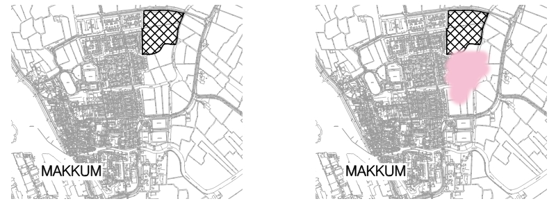 Het reeds gerealiseerde pan Melvaart 1 links en de locatie voor het nieuwe plan Melkvaart 2 rechts op de afbeelding